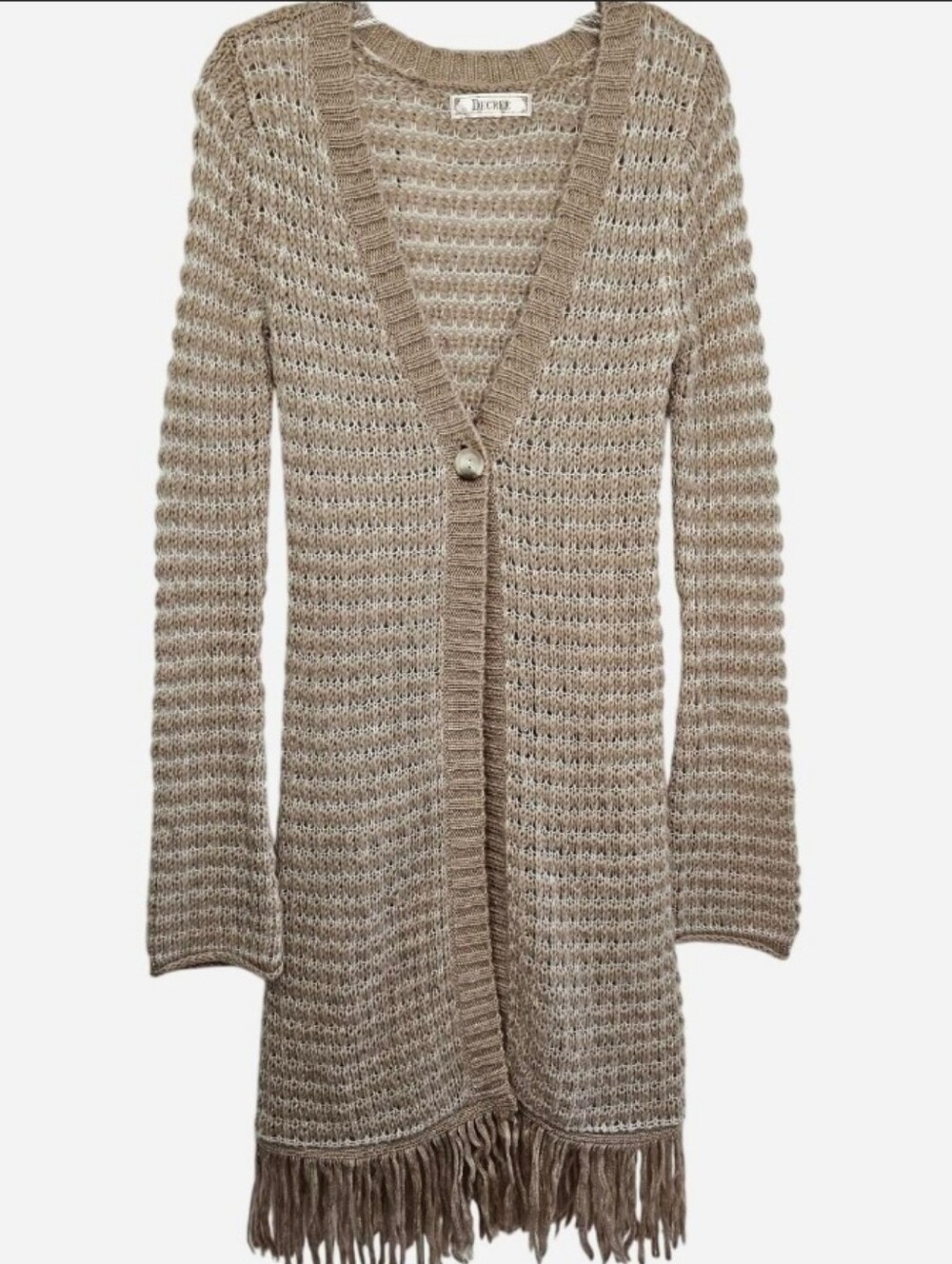 Decree Long Sweater with Fringe Beige White Some Metallic Threading Women's XS